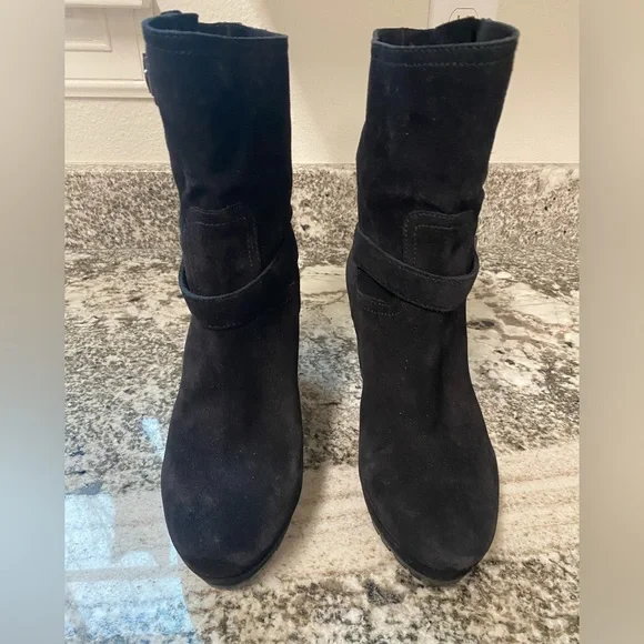 PRADA 3TZ033 Linea Rossa Buckle Suede, Wedge Mid Calf Boots Black Size